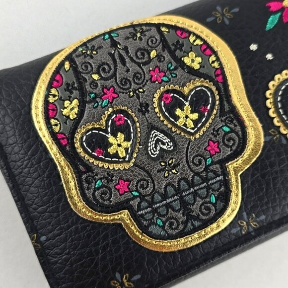 Loungefly Sugar Skull Day of the Dead Trifold Faux Leather Wallet Gold Interior - Picture 5 of 16
